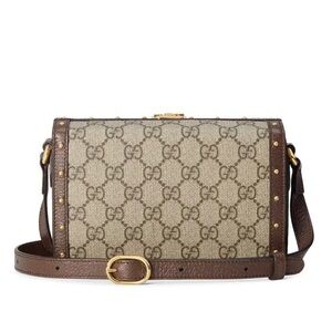 Gucci Trunk Flap Lock Shoulder Bag GG Coated Canvas with Studded Leather Mini
